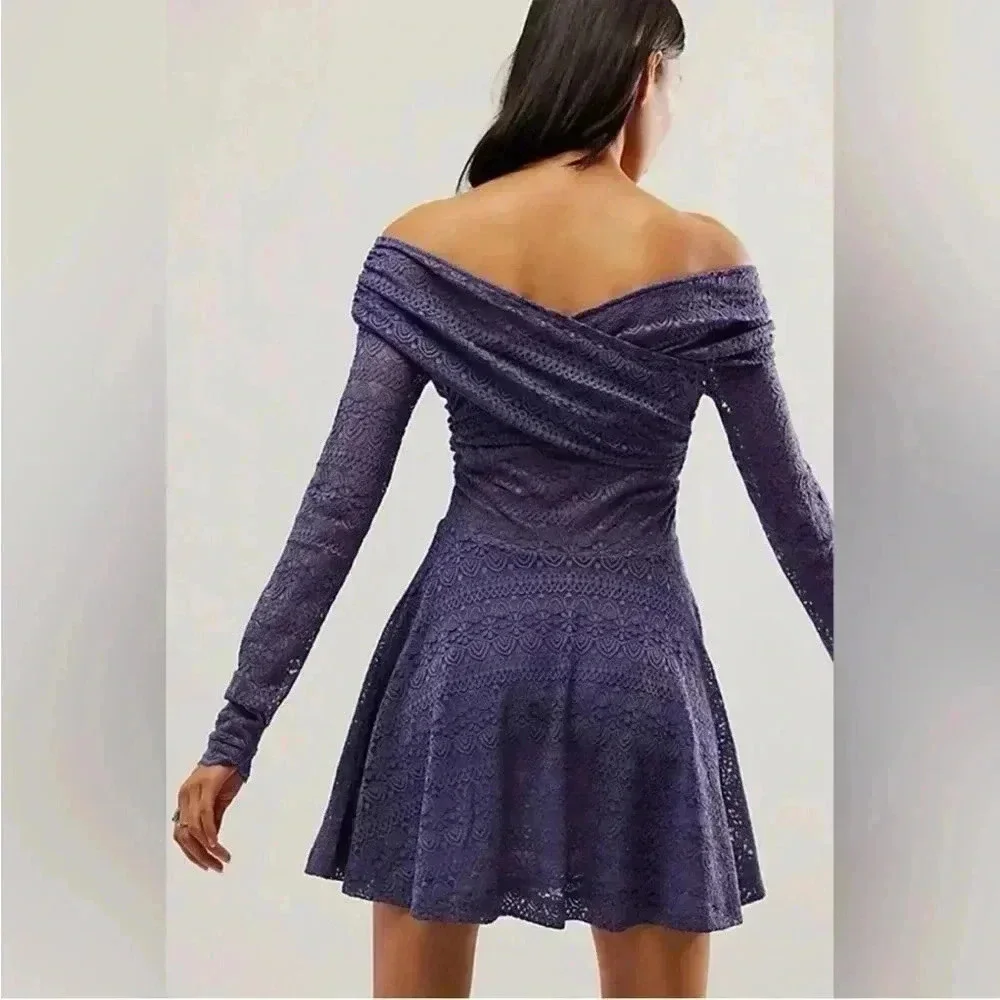 NEW Free People Lila Mini Dress Purple Lace Sz M